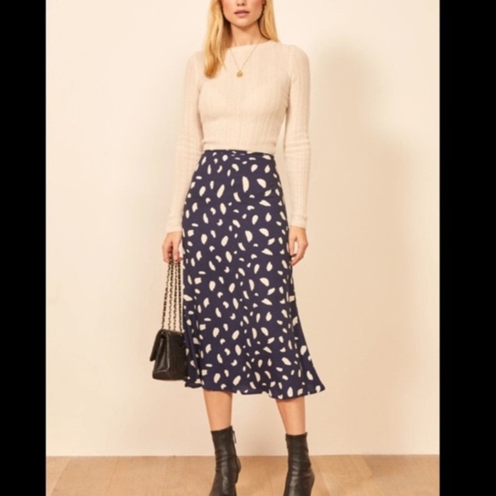 Reformation Bea Skirt Blue Navy Splatter White Size 10 NWOT Dot Pattern Midi